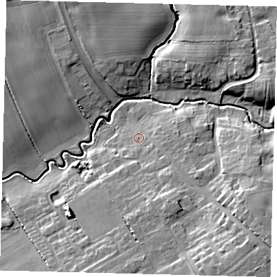 Shaded relief map of the ground around HU115DS, computed from Environment Agency LiDAR. The ground here sits at about 7 m above sea level and falls 16 m across the surrounding 800 m. Surface water reaching this point runs off ground lying to the south-east, 3.4 m higher.