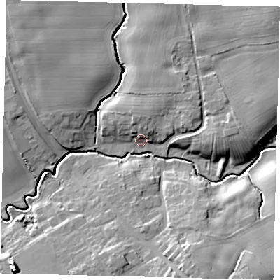 Shaded relief map of the ground around HU115HE, computed from Environment Agency LiDAR. The ground here sits at about 7 m above sea level and falls 14 m across the surrounding 800 m. Surface water reaching this point runs off ground lying to the north, 5.8 m higher.