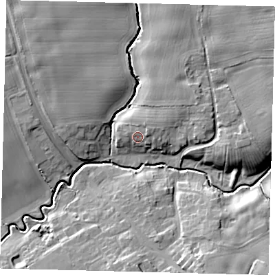 Shaded relief map of the ground around HU115HJ, computed from Environment Agency LiDAR. The ground here sits at about 9 m above sea level and falls 14 m across the surrounding 800 m. Surface water reaching this point runs off ground lying to the north-north-east, 3.5 m higher.