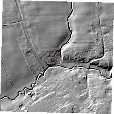 Shaded relief map of the ground around HU115HQ, computed from Environment Agency LiDAR. The ground here sits at about 7 m above sea level and falls 14 m across the surrounding 800 m. Surface water reaching this point runs off ground lying to the north-west, 8.4 m higher.
