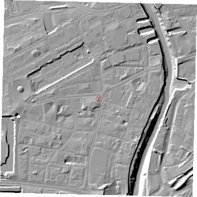 Shaded relief map of the ground around HU11AA, computed from Environment Agency LiDAR. The ground here sits at about 4 m above sea level and falls 10 m across the surrounding 800 m. Surface water reaching this point runs off ground lying to the south, 5.0 m higher.