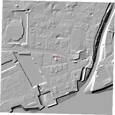 Shaded relief map of the ground around HU11AL, computed from Environment Agency LiDAR. The ground here sits at about 4 m above sea level and falls 10 m across the surrounding 800 m. Surface water reaching this point runs off ground lying to the east-south-east, 2.9 m higher.