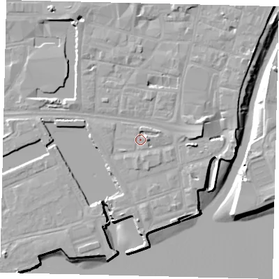 Shaded relief map of the ground around HU11AN, computed from Environment Agency LiDAR. The ground here sits at about 4 m above sea level and falls 9 m across the surrounding 800 m. Surface water reaching this point runs off ground lying to the east, 2.9 m higher.