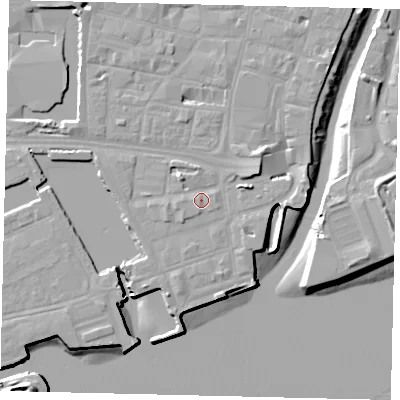 Shaded relief map of the ground around HU11AP, computed from Environment Agency LiDAR. The ground here sits at about 5 m above sea level and falls 12 m across the surrounding 800 m. Surface water reaching this point runs off ground lying to the east-north-east, 2.9 m higher.