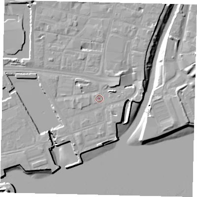 Shaded relief map of the ground around HU11AR, computed from Environment Agency LiDAR. The ground here sits at about 4 m above sea level and falls 12 m across the surrounding 800 m. Surface water reaching this point runs off ground lying to the east-north-east, 2.9 m higher.