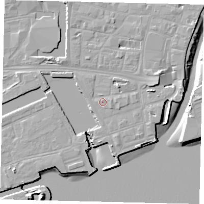 Shaded relief map of the ground around HU11AS, computed from Environment Agency LiDAR. The ground here sits at about 5 m above sea level and falls 16 m across the surrounding 800 m. Surface water reaching this point runs off ground lying to the north-east, 2.9 m higher.