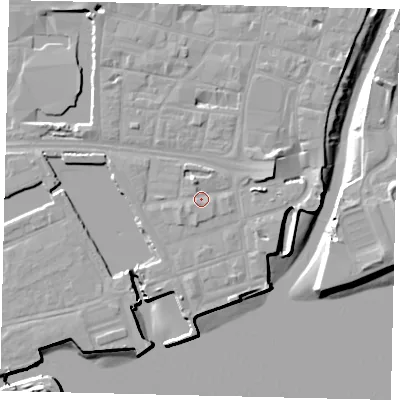 Shaded relief map of the ground around HU11AT, computed from Environment Agency LiDAR. The ground here sits at about 5 m above sea level and falls 12 m across the surrounding 800 m. Surface water reaching this point runs off ground lying to the north-north-west, 2.3 m higher.