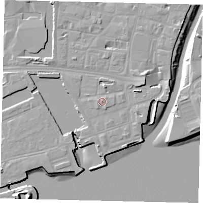 Shaded relief map of the ground around HU11AU, computed from Environment Agency LiDAR. The ground here sits at about 5 m above sea level and falls 16 m across the surrounding 800 m. Surface water reaching this point runs off ground lying to the east-south-east, 0.7 m higher.