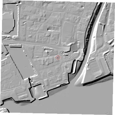 Shaded relief map of the ground around HU11AW, computed from Environment Agency LiDAR. The ground here sits at about 5 m above sea level and falls 12 m across the surrounding 800 m. Surface water reaching this point runs off ground lying to the east-north-east, 2.9 m higher.