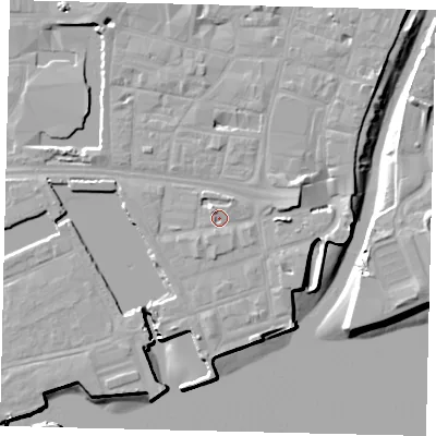 Shaded relief map of the ground around HU11AX, computed from Environment Agency LiDAR. The ground here sits at about 5 m above sea level and falls 10 m across the surrounding 800 m. Surface water reaching this point runs off ground lying to the north-north-west, 2.3 m higher.