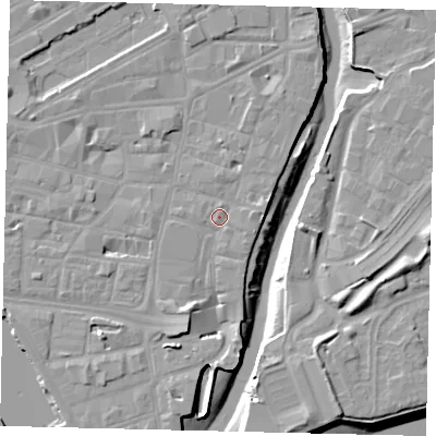 Shaded relief map of the ground around HU11AY, computed from Environment Agency LiDAR. The ground here sits at about 4 m above sea level and falls 10 m across the surrounding 800 m. Surface water reaching this point runs off ground lying to the west, 0.7 m higher.