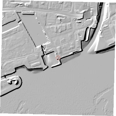 Shaded relief map of the ground around HU11AZ, computed from Environment Agency LiDAR. The ground here sits at about 5 m above sea level and falls 16 m across the surrounding 800 m. Surface water reaching this point runs off ground lying to the north-west, 5.5 m higher.