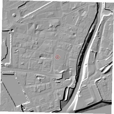 Shaded relief map of the ground around HU11BE, computed from Environment Agency LiDAR. The ground here sits at about 5 m above sea level and falls 10 m across the surrounding 800 m. The ground contributing surface water to this point lies to the north-west.