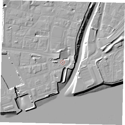 Shaded relief map of the ground around HU11BH, computed from Environment Agency LiDAR. The ground here sits at about 4 m above sea level and falls 10 m across the surrounding 800 m. Surface water reaching this point runs off ground lying to the north-west, 5.0 m higher.