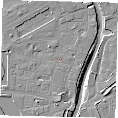 Shaded relief map of the ground around HU11EA, computed from Environment Agency LiDAR. The ground here sits at about 4 m above sea level and falls 10 m across the surrounding 800 m. Surface water reaching this point runs off ground lying to the south, 5.0 m higher.