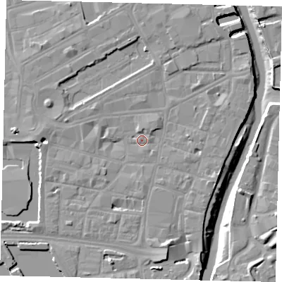 Shaded relief map of the ground around HU11ED, computed from Environment Agency LiDAR. The ground here sits at about 4 m above sea level and falls 10 m across the surrounding 800 m. Surface water reaching this point runs off ground lying to the south-south-east, 5.0 m higher.