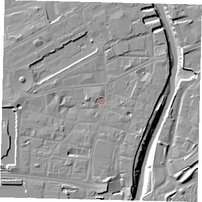 Shaded relief map of the ground around HU11EJ, computed from Environment Agency LiDAR. The ground here sits at about 4 m above sea level and falls 10 m across the surrounding 800 m. Surface water reaching this point runs off ground lying to the south, 5.0 m higher.