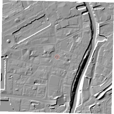 Shaded relief map of the ground around HU11EL, computed from Environment Agency LiDAR. The ground here sits at about 4 m above sea level and falls 10 m across the surrounding 800 m. Surface water reaching this point runs off ground lying to the south, 5.0 m higher.