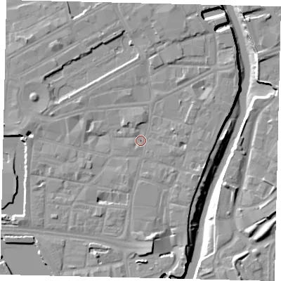Shaded relief map of the ground around HU11EN, computed from Environment Agency LiDAR. The ground here sits at about 4 m above sea level and falls 10 m across the surrounding 800 m. Surface water reaching this point runs off ground lying to the south, 5.0 m higher.