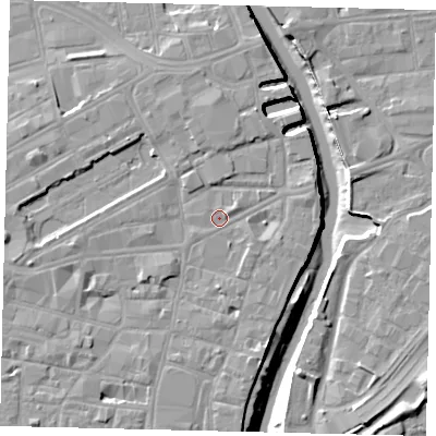Shaded relief map of the ground around HU11EP, computed from Environment Agency LiDAR. The ground here sits at about 4 m above sea level and falls 10 m across the surrounding 800 m. Surface water reaching this point runs off ground lying to the west, 1.7 m higher.