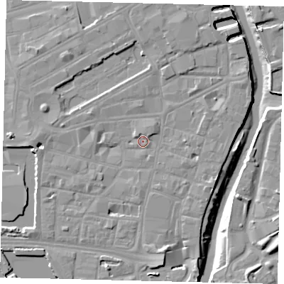 Shaded relief map of the ground around HU11ER, computed from Environment Agency LiDAR. The ground here sits at about 4 m above sea level and falls 10 m across the surrounding 800 m. Surface water reaching this point runs off ground lying to the south, 5.0 m higher.