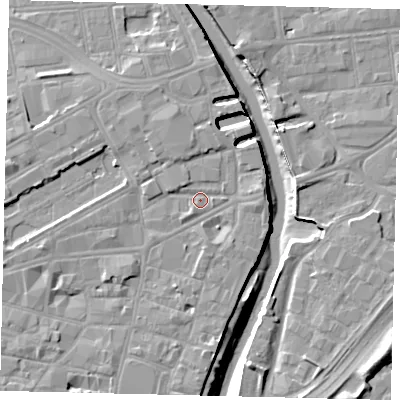 Shaded relief map of the ground around HU11HB, computed from Environment Agency LiDAR. The ground here sits at about 4 m above sea level and falls 11 m across the surrounding 800 m. Surface water reaching this point runs off ground lying to the north-north-west, 2.3 m higher.