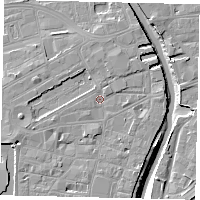 Shaded relief map of the ground around HU11HP, computed from Environment Agency LiDAR. The ground here sits at about 4 m above sea level and falls 9 m across the surrounding 800 m. Surface water reaching this point runs off ground lying to the north-north-east, 3.0 m higher.
