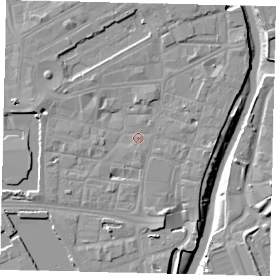Shaded relief map of the ground around HU11HT, computed from Environment Agency LiDAR. The ground here sits at about 4 m above sea level and falls 10 m across the surrounding 800 m. Surface water reaching this point runs off ground lying to the south-south-west, 1.3 m higher.