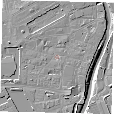 Shaded relief map of the ground around HU11JE, computed from Environment Agency LiDAR. The ground here sits at about 4 m above sea level and falls 10 m across the surrounding 800 m. Surface water reaching this point runs off ground lying to the south-south-east, 4.5 m higher.