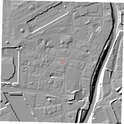 Shaded relief map of the ground around HU11JU, computed from Environment Agency LiDAR. The ground here sits at about 4 m above sea level and falls 10 m across the surrounding 800 m. Surface water reaching this point runs off ground lying to the south-south-west, 1.3 m higher.