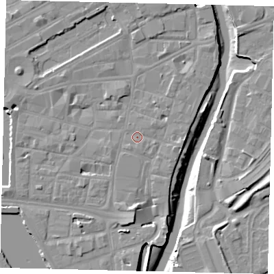 Shaded relief map of the ground around HU11LA, computed from Environment Agency LiDAR. The ground here sits at about 4 m above sea level and falls 10 m across the surrounding 800 m. Surface water reaching this point runs off ground lying to the south, 5.0 m higher.