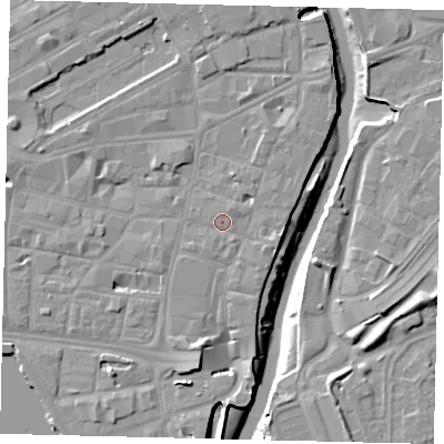 Shaded relief map of the ground around HU11LF, computed from Environment Agency LiDAR. The ground here sits at about 4 m above sea level and falls 10 m across the surrounding 800 m. Surface water reaching this point runs off ground lying to the south, 4.5 m higher.