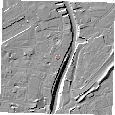 Shaded relief map of the ground around HU11NB, computed from Environment Agency LiDAR. The ground here sits at about 4 m above sea level and falls 11 m across the surrounding 800 m. Surface water reaching this point runs off ground lying to the south-south-west, 0.6 m higher.