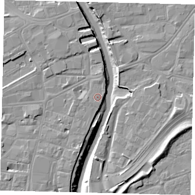 Shaded relief map of the ground around HU11NH, computed from Environment Agency LiDAR. The ground here sits at about 5 m above sea level and falls 11 m across the surrounding 800 m. Surface water reaching this point runs off ground lying to the north-north-east, 2.2 m higher.