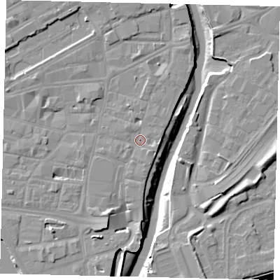 Shaded relief map of the ground around HU11PS, computed from Environment Agency LiDAR. The ground here sits at about 4 m above sea level and falls 11 m across the surrounding 800 m. Surface water reaching this point runs off ground lying to the south-south-west, 4.5 m higher.
