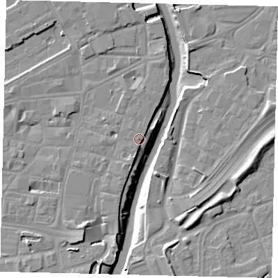 Shaded relief map of the ground around HU11PW, computed from Environment Agency LiDAR. The ground here sits at about 5 m above sea level and falls 11 m across the surrounding 800 m. The ground contributing surface water to this point lies to the north-north-east.