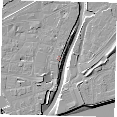 Shaded relief map of the ground around HU11QE, computed from Environment Agency LiDAR. The ground here sits at about 5 m above sea level and falls 11 m across the surrounding 800 m. Surface water reaching this point runs off ground lying to the north-north-east, 1.8 m higher.