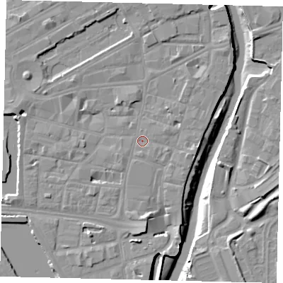 Shaded relief map of the ground around HU11RA, computed from Environment Agency LiDAR. The ground here sits at about 4 m above sea level and falls 10 m across the surrounding 800 m. Surface water reaching this point runs off ground lying to the south, 5.0 m higher.