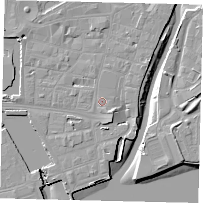 Shaded relief map of the ground around HU11RD, computed from Environment Agency LiDAR. The ground here sits at about 4 m above sea level and falls 10 m across the surrounding 800 m. Surface water reaching this point runs off ground lying to the south-east, 2.7 m higher.