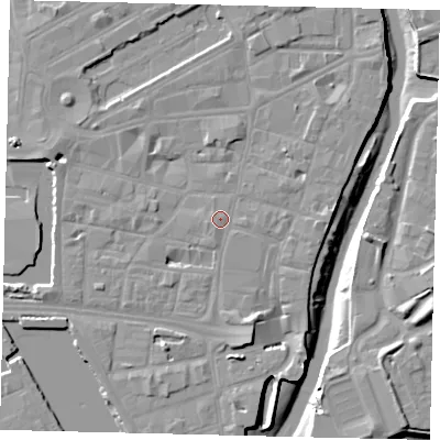 Shaded relief map of the ground around HU11RH, computed from Environment Agency LiDAR. The ground here sits at about 5 m above sea level and falls 10 m across the surrounding 800 m. Surface water reaching this point runs off ground lying to the south-south-west, 1.0 m higher.