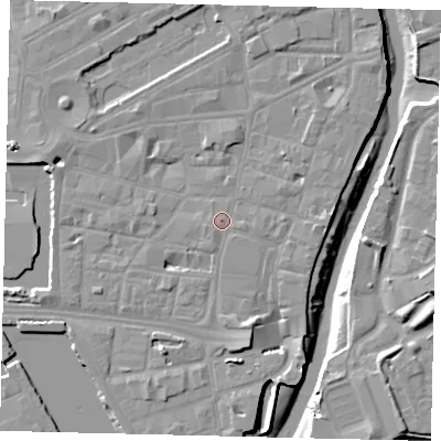 Shaded relief map of the ground around HU11RQ, computed from Environment Agency LiDAR. The ground here sits at about 4 m above sea level and falls 10 m across the surrounding 800 m. Surface water reaching this point runs off ground lying to the south-south-west, 1.0 m higher.