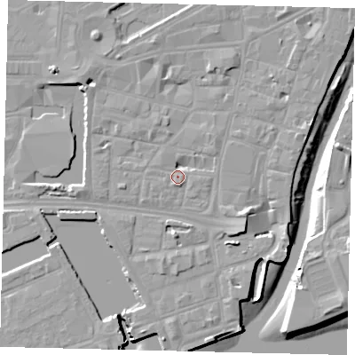 Shaded relief map of the ground around HU11RR, computed from Environment Agency LiDAR. The ground here sits at about 5 m above sea level and falls 9 m across the surrounding 800 m. Surface water reaching this point runs off ground lying to the east-south-east, 4.5 m higher.
