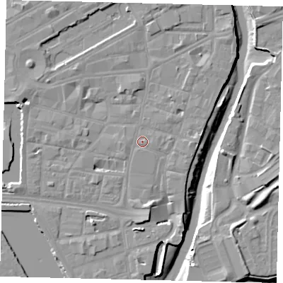 Shaded relief map of the ground around HU11RS, computed from Environment Agency LiDAR. The ground here sits at about 5 m above sea level and falls 10 m across the surrounding 800 m. Surface water reaching this point runs off ground lying to the west-south-west, 1.0 m higher.