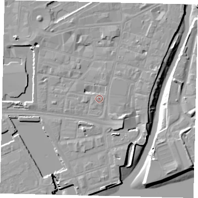 Shaded relief map of the ground around HU11RU, computed from Environment Agency LiDAR. The ground here sits at about 4 m above sea level and falls 10 m across the surrounding 800 m. Surface water reaching this point runs off ground lying to the south-east, 3.0 m higher.