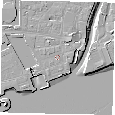Shaded relief map of the ground around HU11RY, computed from Environment Agency LiDAR. The ground here sits at about 5 m above sea level and falls 16 m across the surrounding 800 m. Surface water reaching this point runs off ground lying to the north-west, 1.0 m higher.