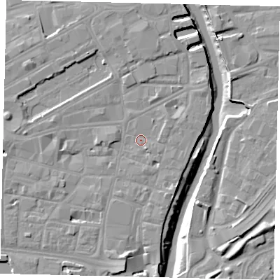 Shaded relief map of the ground around HU11SB, computed from Environment Agency LiDAR. The ground here sits at about 4 m above sea level and falls 10 m across the surrounding 800 m. Surface water reaching this point runs off ground lying to the south, 4.5 m higher.