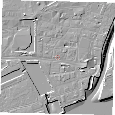 Shaded relief map of the ground around HU11SD, computed from Environment Agency LiDAR. The ground here sits at about 4 m above sea level and falls 9 m across the surrounding 800 m. Surface water reaching this point runs off ground lying to the north-east, 1.3 m higher.