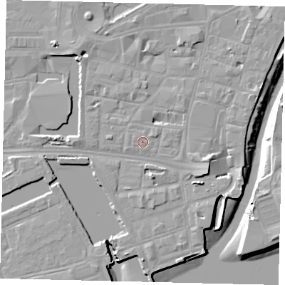 Shaded relief map of the ground around HU11SG, computed from Environment Agency LiDAR. The ground here sits at about 5 m above sea level and falls 9 m across the surrounding 800 m. Surface water reaching this point runs off ground lying to the west-north-west, 0.6 m higher.