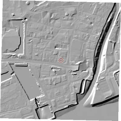 Shaded relief map of the ground around HU11SH, computed from Environment Agency LiDAR. The ground here sits at about 4 m above sea level and falls 10 m across the surrounding 800 m. Surface water reaching this point runs off ground lying to the east-south-east, 2.7 m higher.