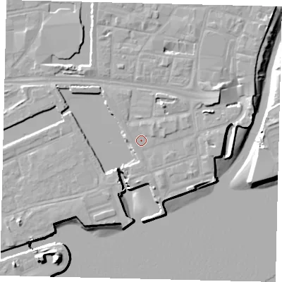 Shaded relief map of the ground around HU11TB, computed from Environment Agency LiDAR. The ground here sits at about 5 m above sea level and falls 16 m across the surrounding 800 m. Surface water reaching this point runs off ground lying to the east-north-east, 0.9 m higher.